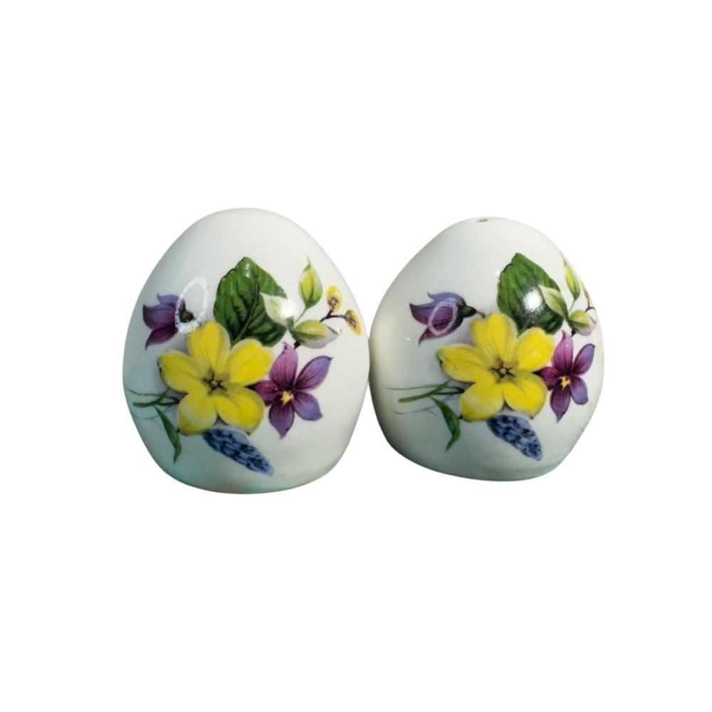 Sandford England Salt and Pepper Shakers Yellow Purple Floral Egg Shape